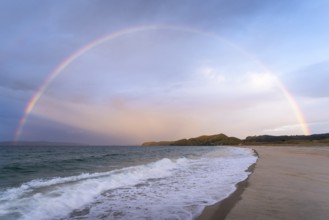 Landscape with sea and sandy beach in New Zealand with rainbow, in the evening at golden hour.