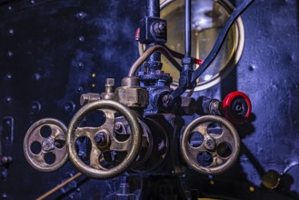 Levers and actuators in the tank car of a historic steam locomotive, Eisenbahnmuseum, Augsburg