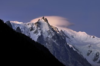 Aiguille du Midi with cloud above the summit, Mont-Blanc, Chamonix-Mont-Blanc, Haute-Savoie, France