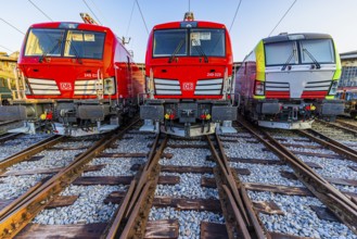 Modern locomotives of the Austrian Federal Railways, ÖBB, and Deutsche Bahn, DB, parked in front of