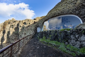 Panoramic window at the Mirador del Río viewpoint, designed by artist César Manrique, Lanzarote,