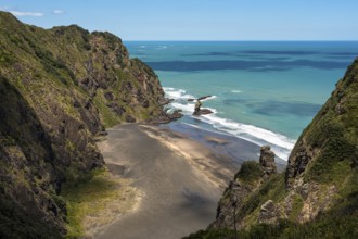 Landscape in New Zealand with sea and sandy beach. View of Mercer Bay. Mercer Bay Loop Walk hiking