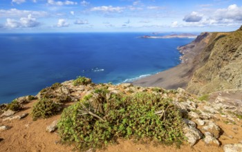 View from the Castillejo viewpoint from the Risco de Famara cliffs to the coast and the sea with