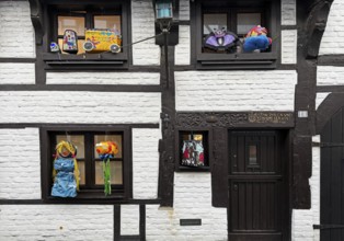 Decorated half-timbered house for the Martin train in Alte Schulstraße, historic old town, Kempen,