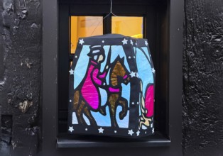Homemade Martin lantern, decoration in a window of a half-timbered house, Altstadt, Kempen, Lower