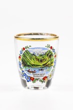 Schnapps glass with Seewigtal Lake Constance landscape motif, framed by colorful flowers