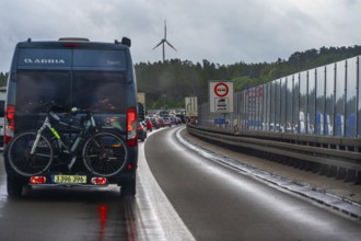 Traffic jam on the A9 motorway, a noise barrier on the right, Hof, Upper Franconia, Bavaria,