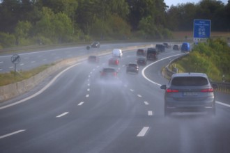 Tourist traffic on the A9 motorway when it rains, Bavarian Forest, Bavaria, Germany