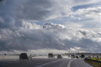 Tourist traffic on the A9 motorway during thunderstorms, Bayreuth, Upper Franconia, Bavaria,