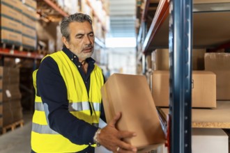 Man wearing reflective vest working in logistics distribution center, carefully placing a carton