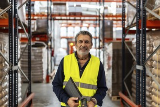 Experienced male manager holding a clipboard and scanner, standing in a busy logistics warehouse