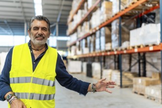 Senior hispanic man in a safety vest smiling while presenting warehouse operations and showing