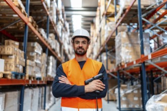 Male logistics worker in safety helmet and uniform smiles with crossed arms and a handheld barcode