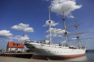 Gorch Fock, a sailing school ship rigged as a bark in the harbor, Stralsund, Vorpommern-Rügen