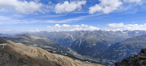 Scenic view from Gaislachkogel over the Ötztal Alps and down into the Ötztal near Sölden, Tyrol,