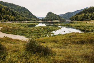 Picturesque mountain lake with water reflections in autumn, Lac de Kruth-Wildenstein, Kruth,