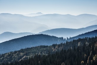 Staggered mountain ranges in haze, at Hohneck, Col de la Schlucht, Vosges, Alsace-Lorraine, Vosges