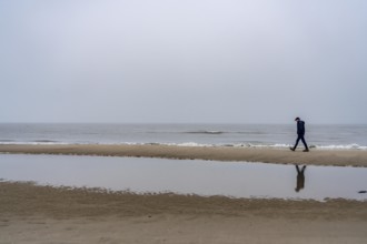 East beach of the East Frisian island of Spiekeroog, beach walk, man alone on the beach, at low