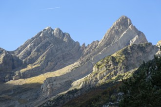 Mountain landscape view Ordesa y Monte Perdido National Park, Bielsa parador, Huesca province,