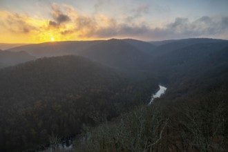 Sunrise, sun rising over hills, Thayatal National Park, Lower Austria, Austria
