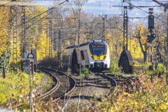 Local train on an open route in the area of Stuttgart North Station. Arched bridge and landscape in