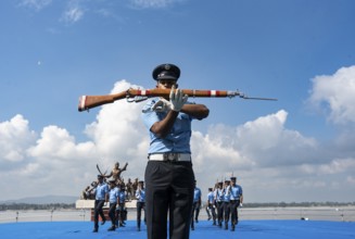 Indian Air Force personnel performs a bayonet drill demonstration on the bank of Brahmaputra river,