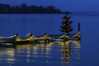 Illuminated Christmas tree at dawn, on an illuminated boat dock, Dießen am Lake Ammer, Upper