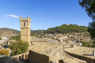 Church tower and rooftops of medieval village of Uncastillo, Cinco Villas, Zaragoza province,