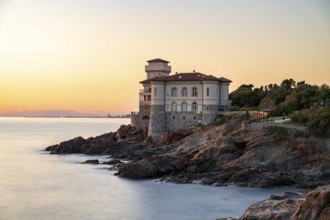 Castello del Boccale in the evening, castle on the coast, Livorno, Tuscany, Italy