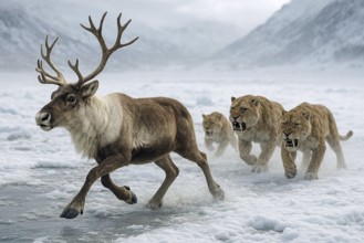 A reindeer is hunted by sabre-toothed tigers, sabre-toothed cats, smilodon (Machairodontinae) in