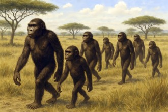 A group of Australopithecus runs through a savanna, symbol extinct, fossil, prehuman, Africa,