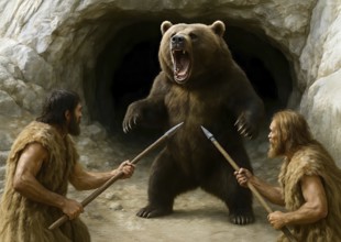 An ice age cave bear (Ursidae) is attacked with spears in front of its cave by prehistoric hunters,