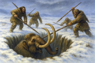 A mammoth (mammoth) in a trap in the glacial cold steppe is attacked by prehistoric hunters with
