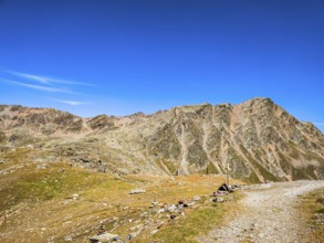 View of the high alpine mountain landscape at the Timmelsjoch rest house on the border between