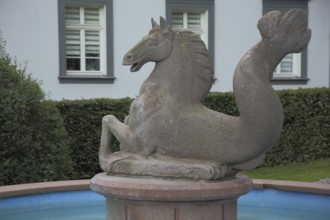 Meerpferdchenbrunnen sculpture, mythical creature with horse figure and fish figure,
