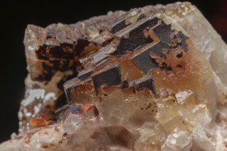 Transparent crystals sit on rocks and reveal their unique shimmer and geological structure. The