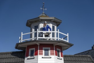 Captain figure on the balcony of a holiday home, Zingst, Darß, Mecklenburg-Western Pomerania,