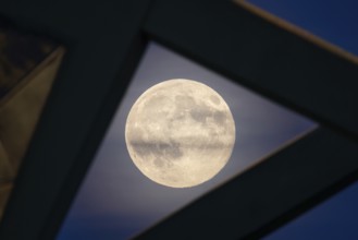 The full moon sweeps along the Frankfurt evening sky and passes the pillars of the rafter bridge,