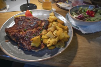 Franconian farmer's cutlet with fat border, with fried potatoes and salad, Franconia, Bavaria,