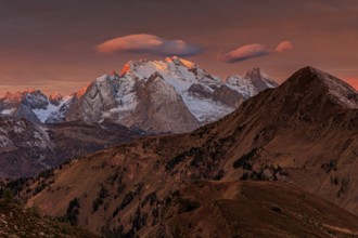 Dawn, clouds, morning mood, mountains, autumn, view of Marmolada, Giau Pass, Dolomites, Italy
