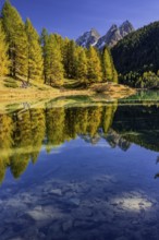Mountain lake, reflection, mountains, larch forest, autumn discoloration, autumn, sunny, Lake