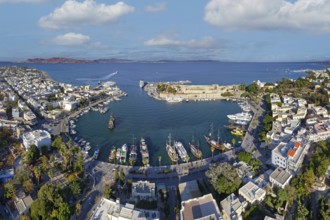 Aerial view, Mandraki harbor, seaport, ship, ships, back fortress, castle, Neratzia, also