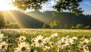 A sunlit meadow with daisies against a forest backdrop under a blue sky, Late summer country