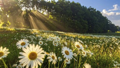 A sunlit meadow with daisies against a forest backdrop under a blue sky, Late summer country