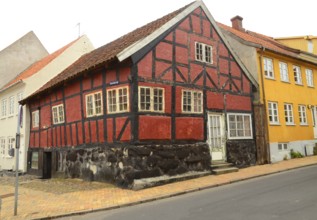 Typical red Danish half-timbered house in Assens, Funen island, Denmark, Scandinavia