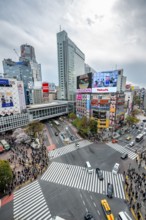 Modern houses with colorful neon signs and large road intersection, Shibuya Crossing from above,