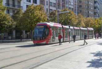 Light rail tram city public transport system CAF Urbos 3 trams, Tranvía de Zaragoza, Zaragoza,