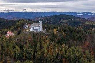 Aerial view, autumn, Church of the Holy Spirit on Osterberg, Cerkev Svetega Duha na Ostrem Vrhu,
