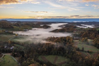 Aerial view, sunrise, typical landscape in autumn with vineyards, South Styrian hills, South
