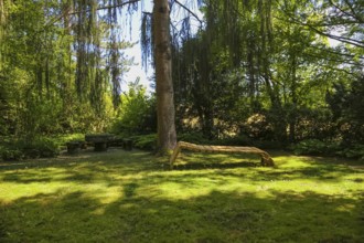 Lounger, idyllic resting place, wooden garden lounger, meadow, trees, green plants, gardens,